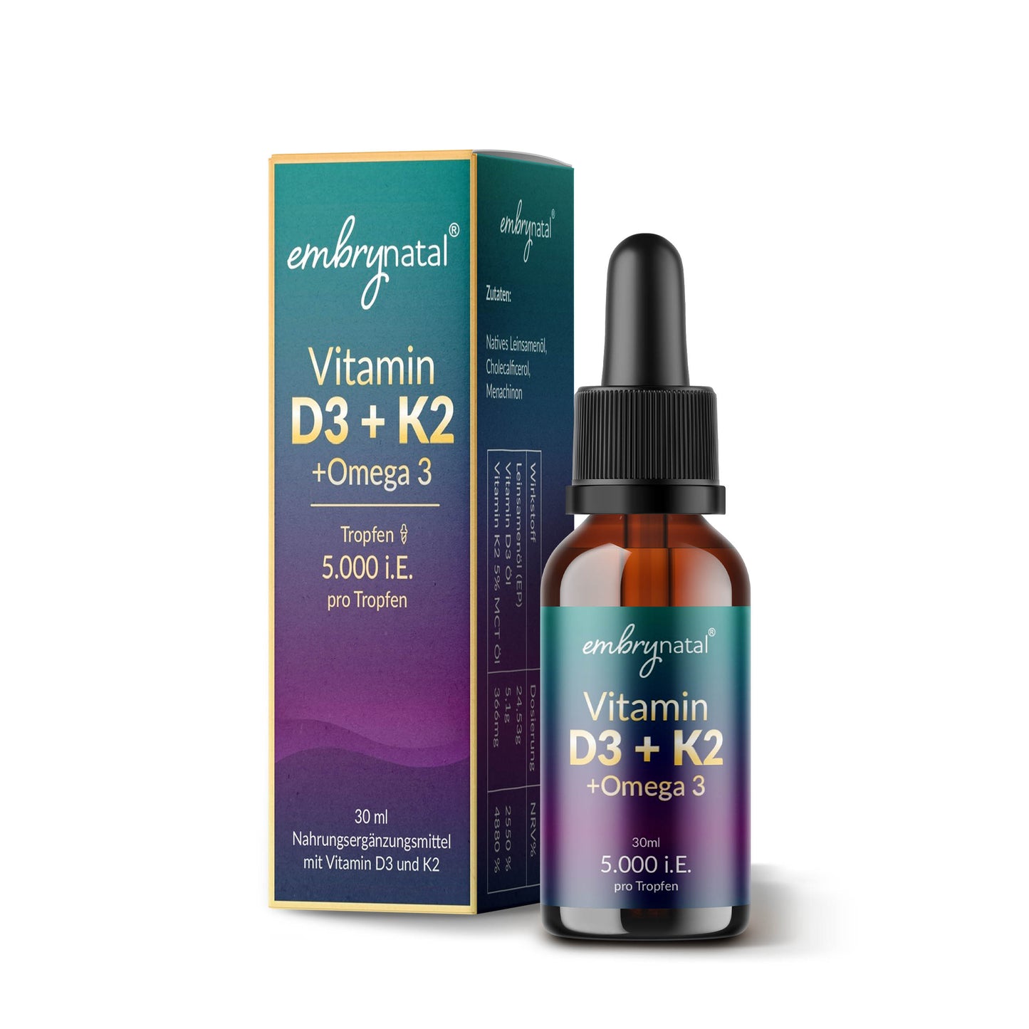 Embrynatal Vitamin D3 + K2 + Omega 3. Abbildung mit Glas und Umverpackung.